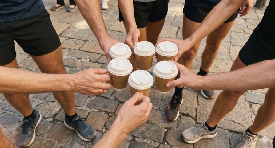 Run club cheers-ing coffee cups after a morning run